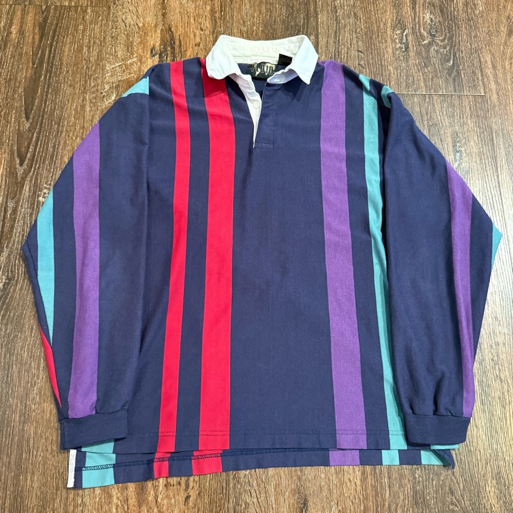 Vintage 90s Fluid Colorful Rugby Striped Preppy Polo Long Sleeve Shirt Sz.M